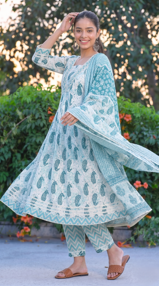 Aqua Blue Printed Anarkali Kurta Set with Dupatta