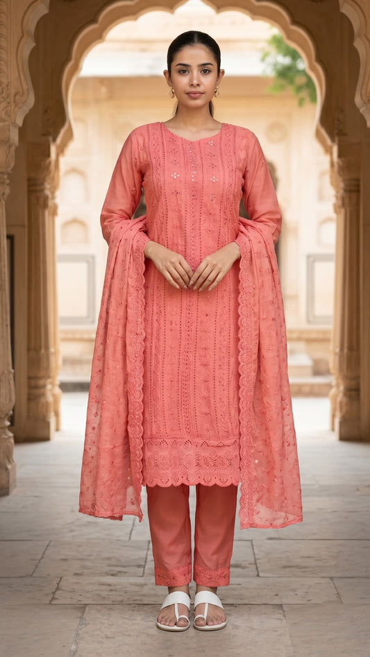 Coral Roman Silk Lucknowi Embroidered Kurta Set
