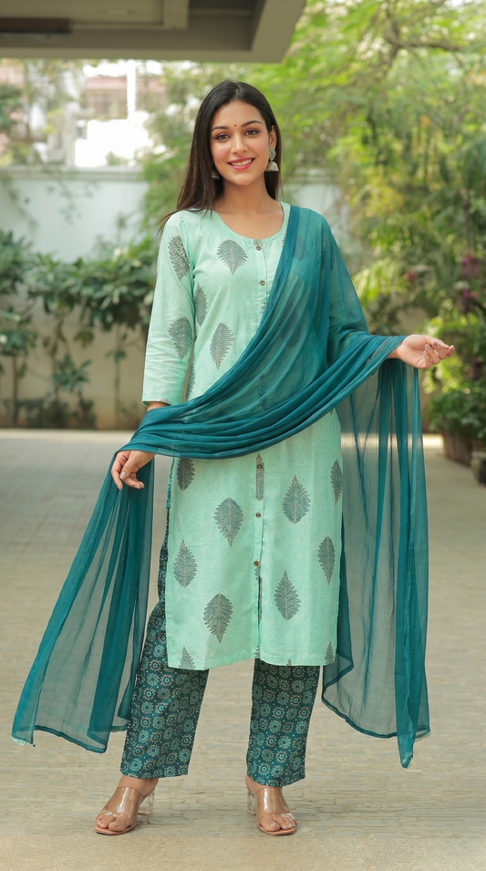 Mint Green Printed Kurta Set with Chiffon Dupatta