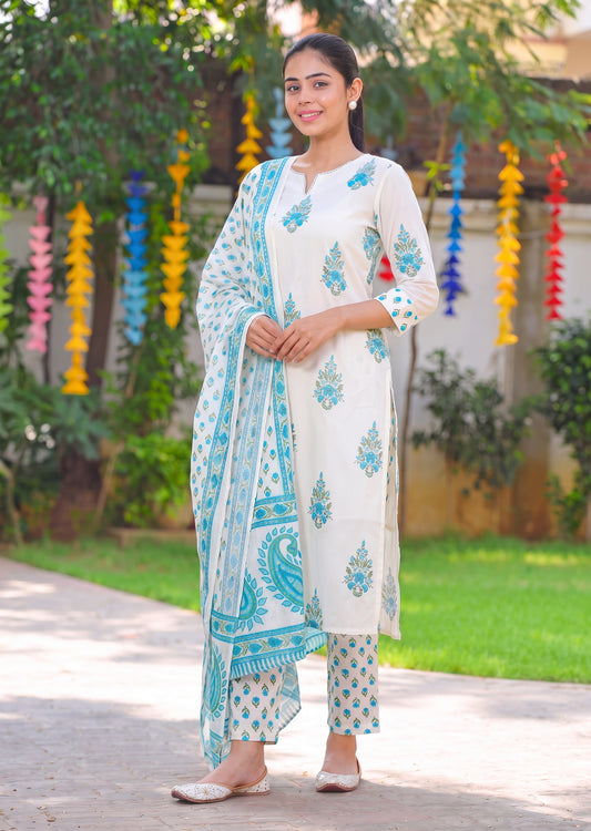 Cream Floral Printed Anarkali Suit Set with Dupatta