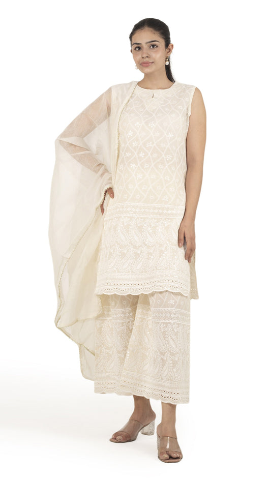 Ivory Chikankari Kurta Sharara Set with Dupatta