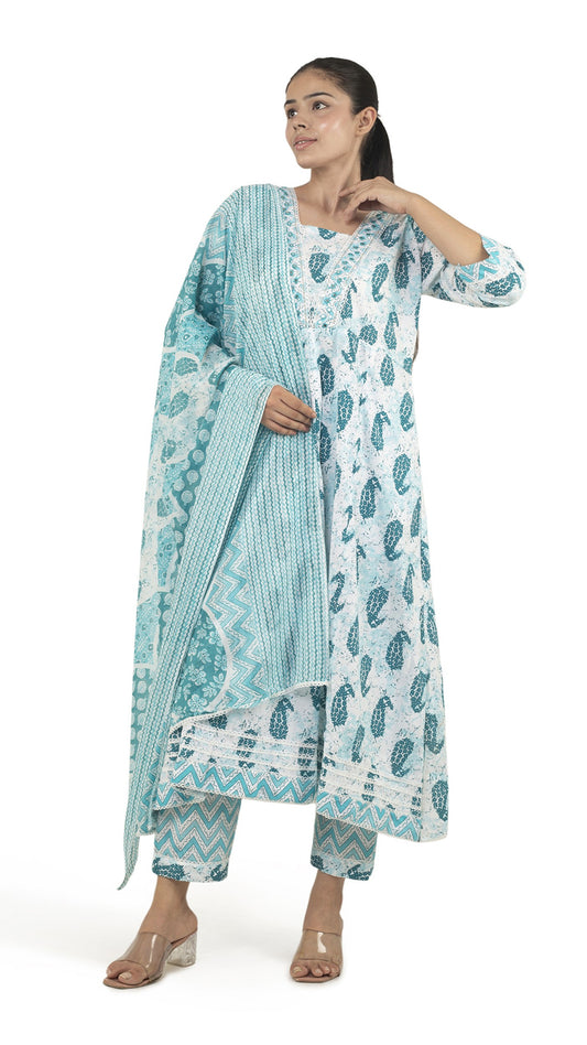 Aqua Blue Printed Anarkali Kurta Set with Dupatta