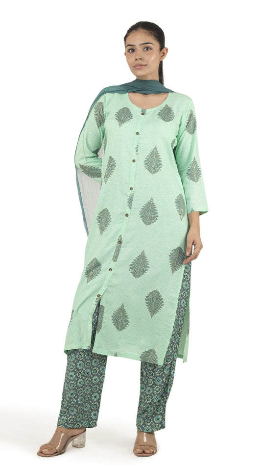 Mint Green Printed Kurta Set with Chiffon Dupatta