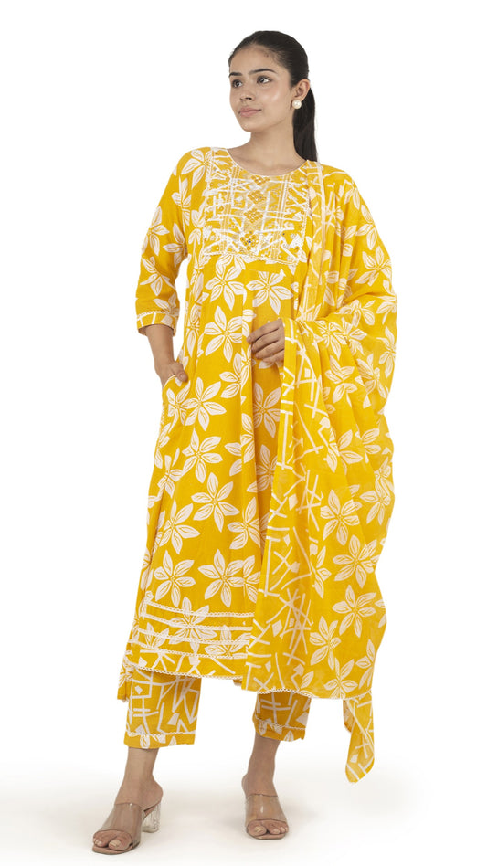 Bright Yellow Floral Printed Anarkali Suit Set with Dupatta