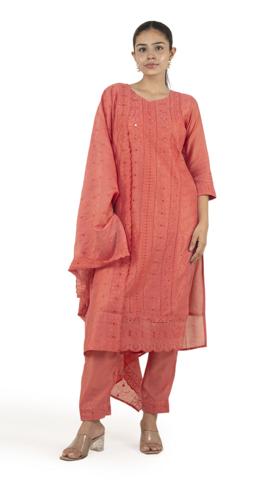 Coral Roman Silk Lucknowi Embroidered Kurta Set