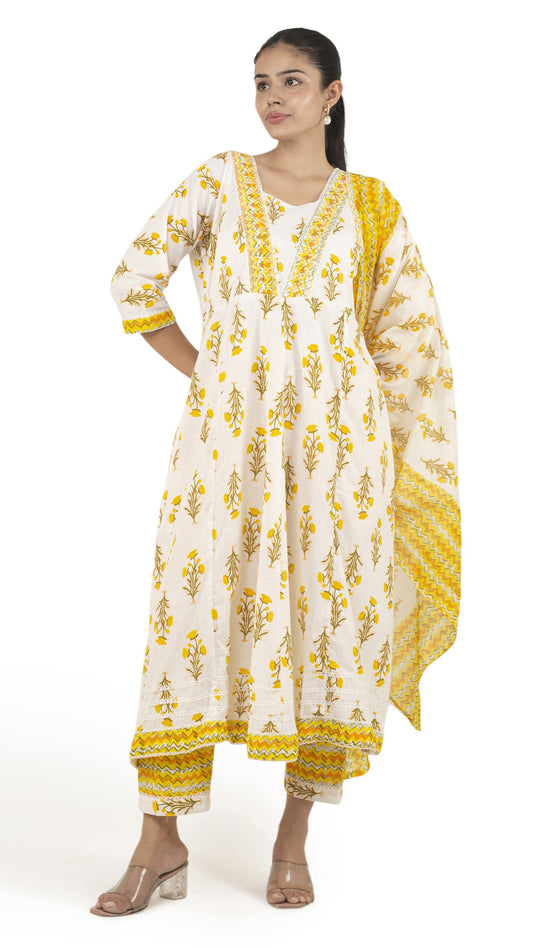 Sunshine Yellow Floral Anarkali Kurta Set with Dupatta
