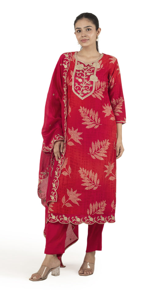 Red Zari Embroidered Kurta Set with Dupatta