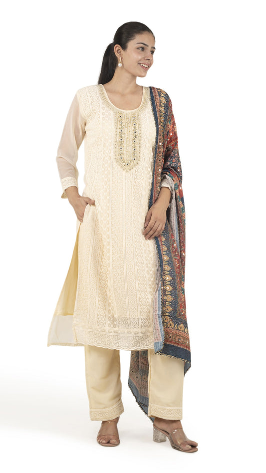 Chikankari-Style Kurta Set with Contrast Dupatta