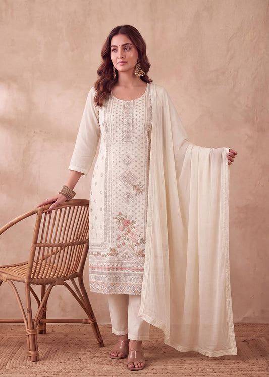 Pastel Floral Embroidered Kurta Set with Dupatta – Cream