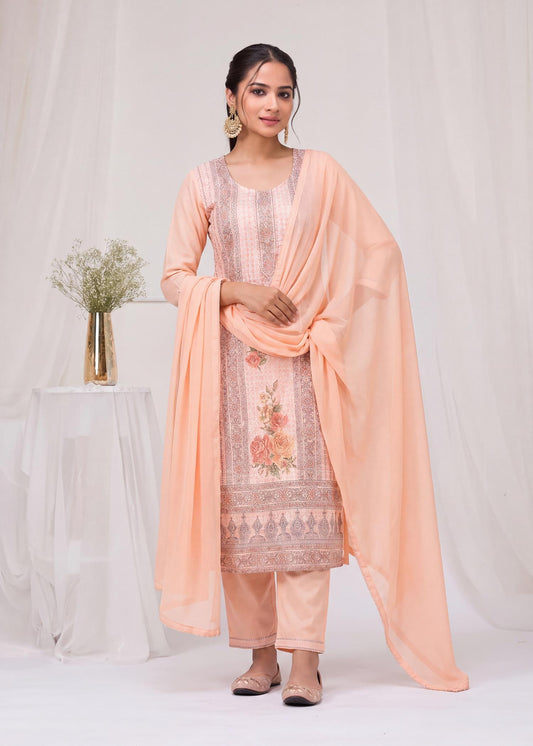 Peach Cotton Chikankari Kurta Set with Chiffon Dupatta – front view