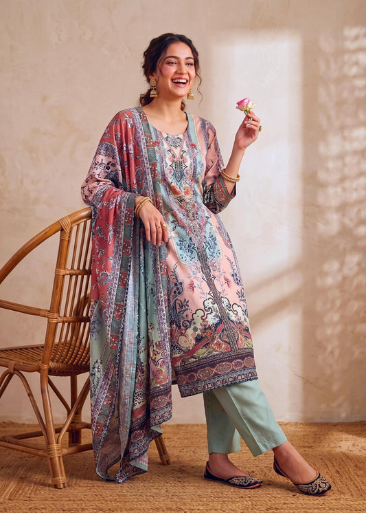 Aqua Muslin Pakistani Print Kurta Set with Dupatta – front view