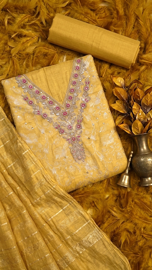 Mustard yellow Chanderi embroidered unstitched suit set