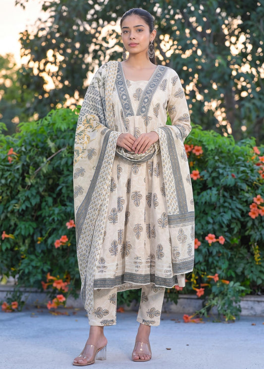 Woman wearing cream floral printed Anarkali suit set in plus size
