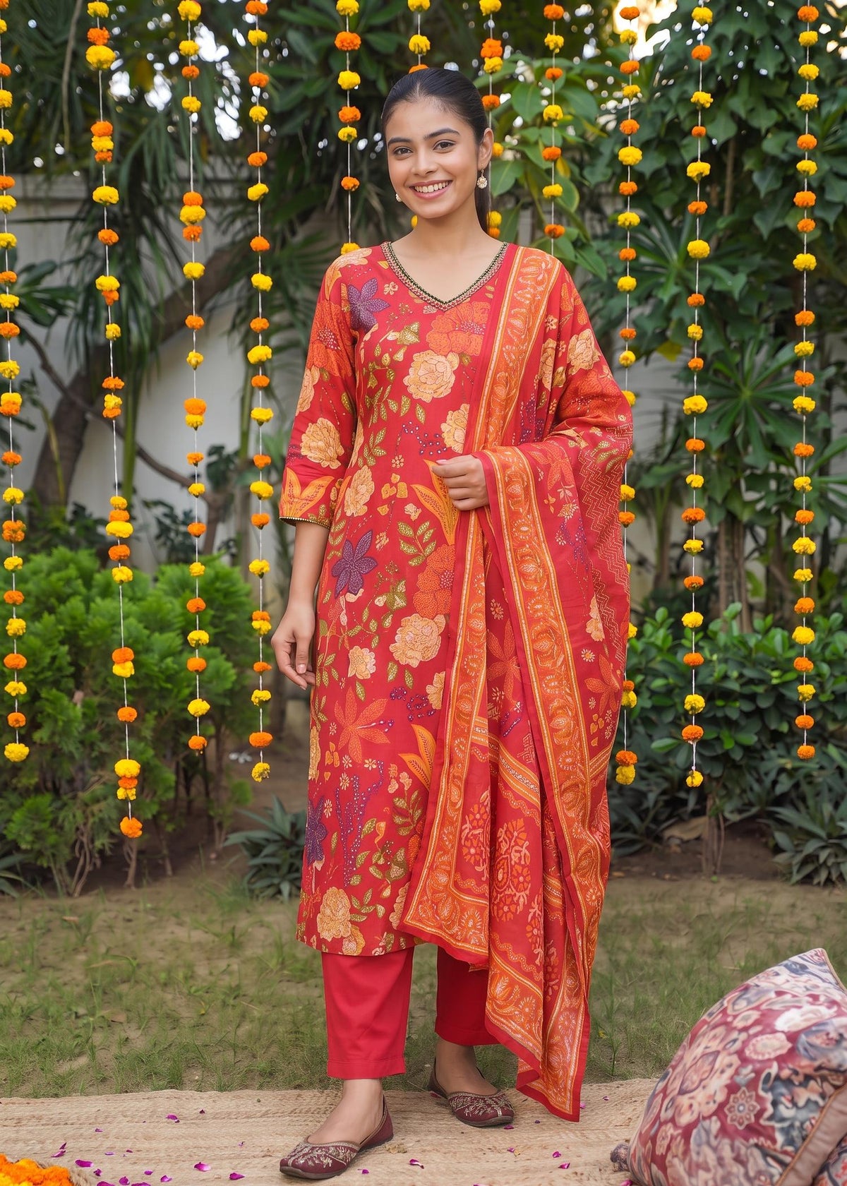 Vibrant red floral printed festive kurta set with dupatta