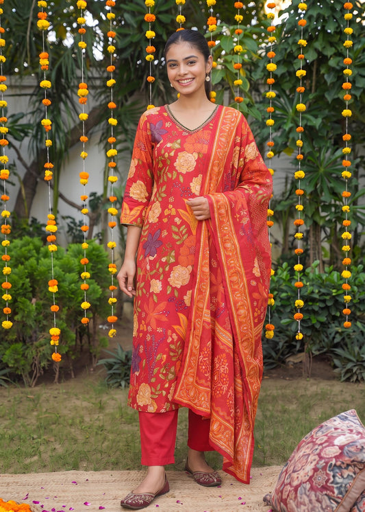 Vibrant red floral printed festive kurta set with dupatta