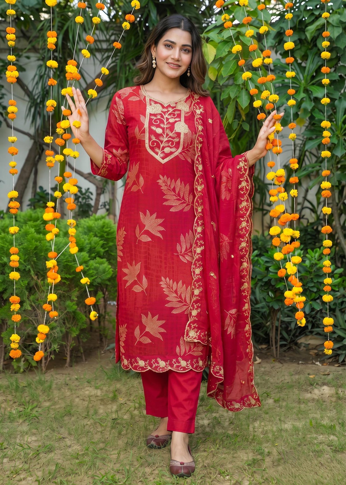 Red zari embroidered kurta set for wedding functions