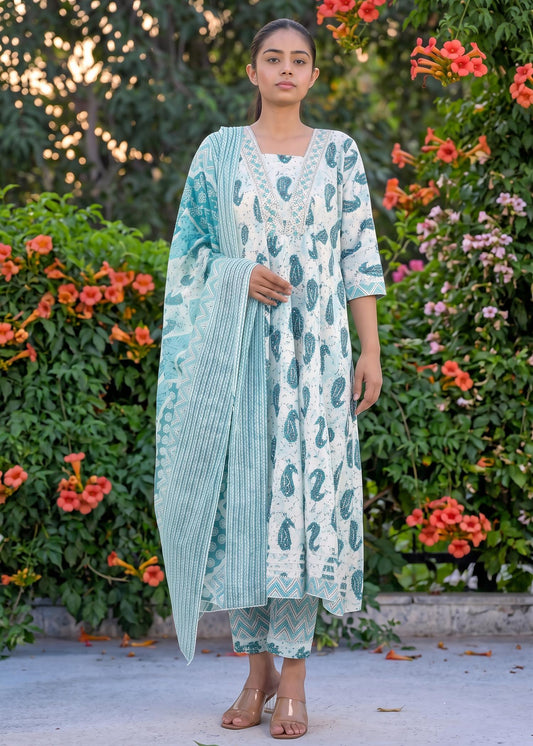 Aqua blue printed Anarkali kurta set with dupatta