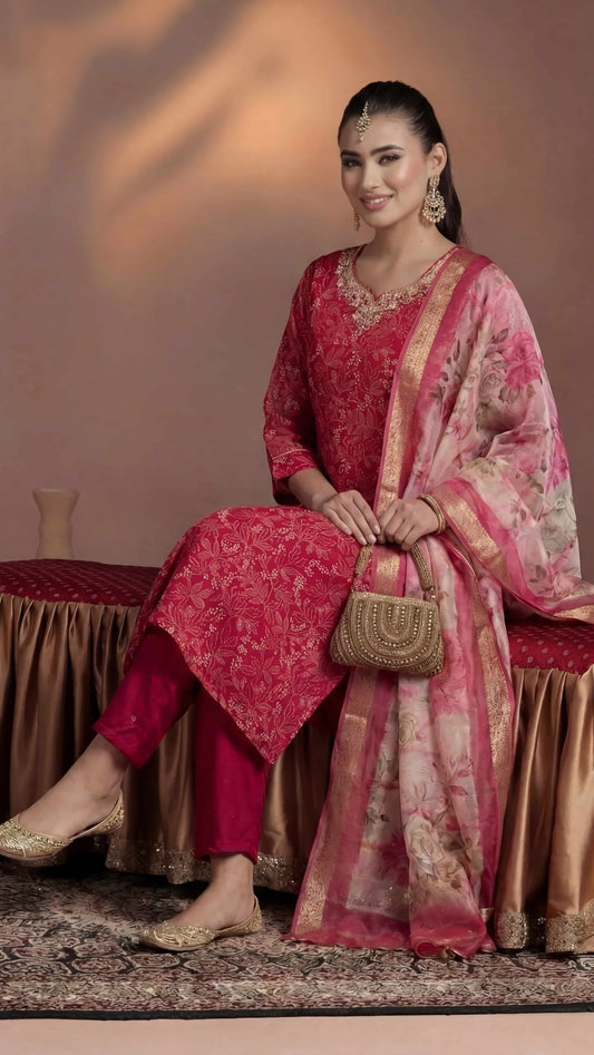 Pink with Gold Accents Kurta Set with Floral Dupatta
