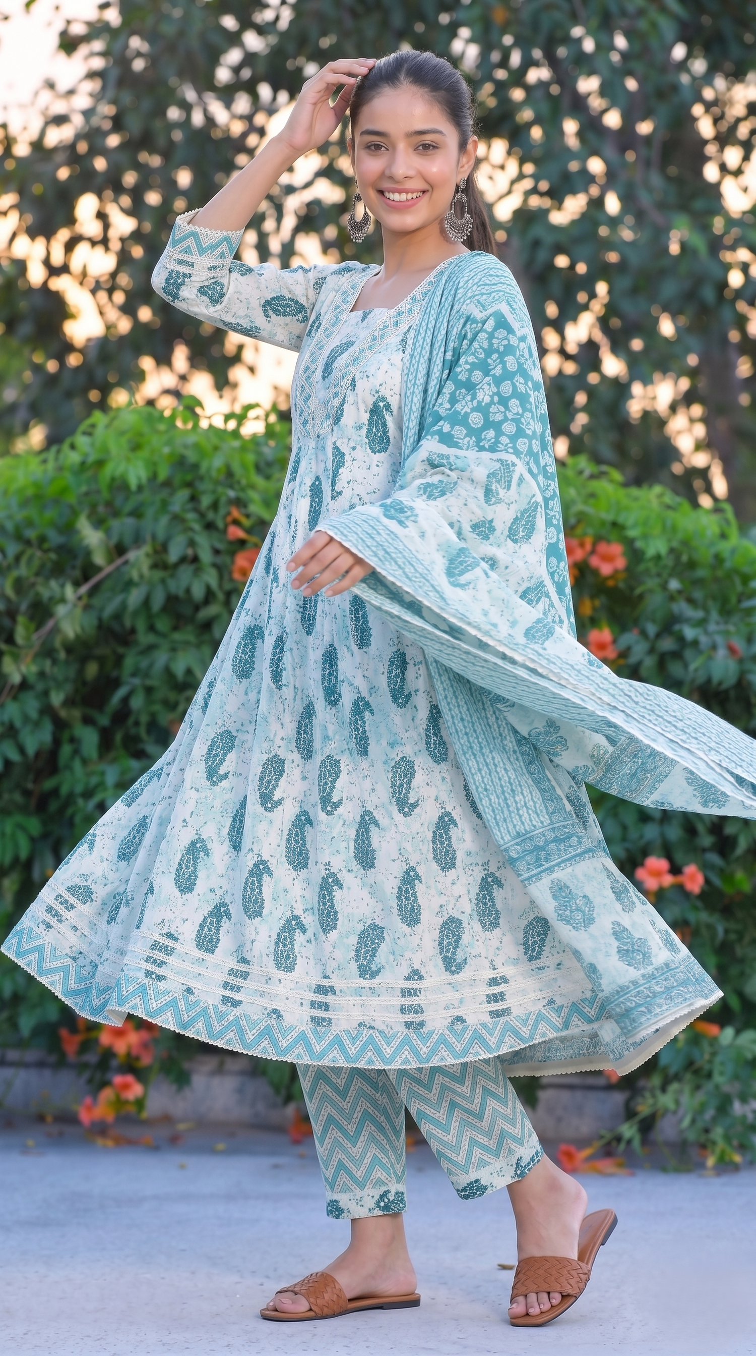 Aqua Blue Printed Anarkali Kurta Set with Dupatta