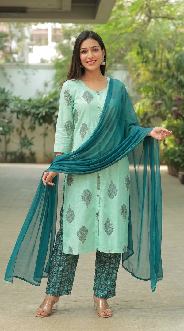Mint Green Printed Kurta Set with Chiffon Dupatta