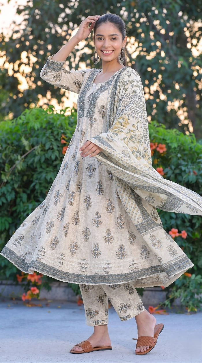 Cream Floral Printed Anarkali Suit Set with Dupatta