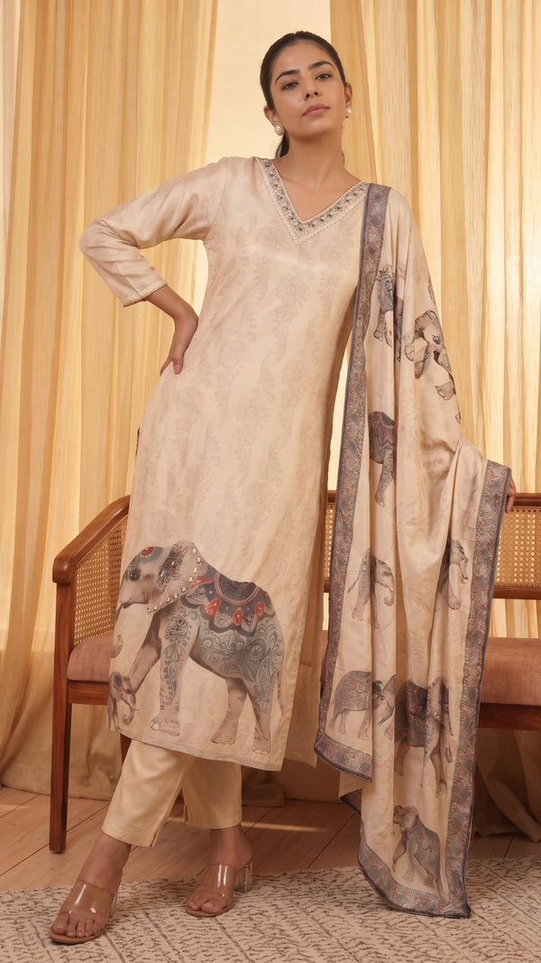 Elephant Print Kurta Set with Dupatta