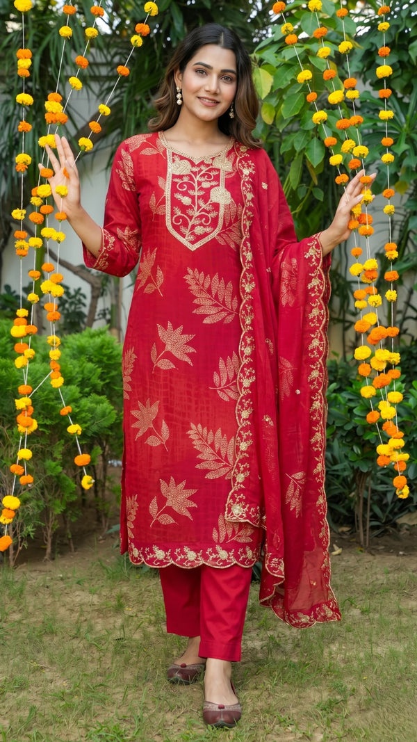 Red Zari Embroidered Kurta Set with Dupatta