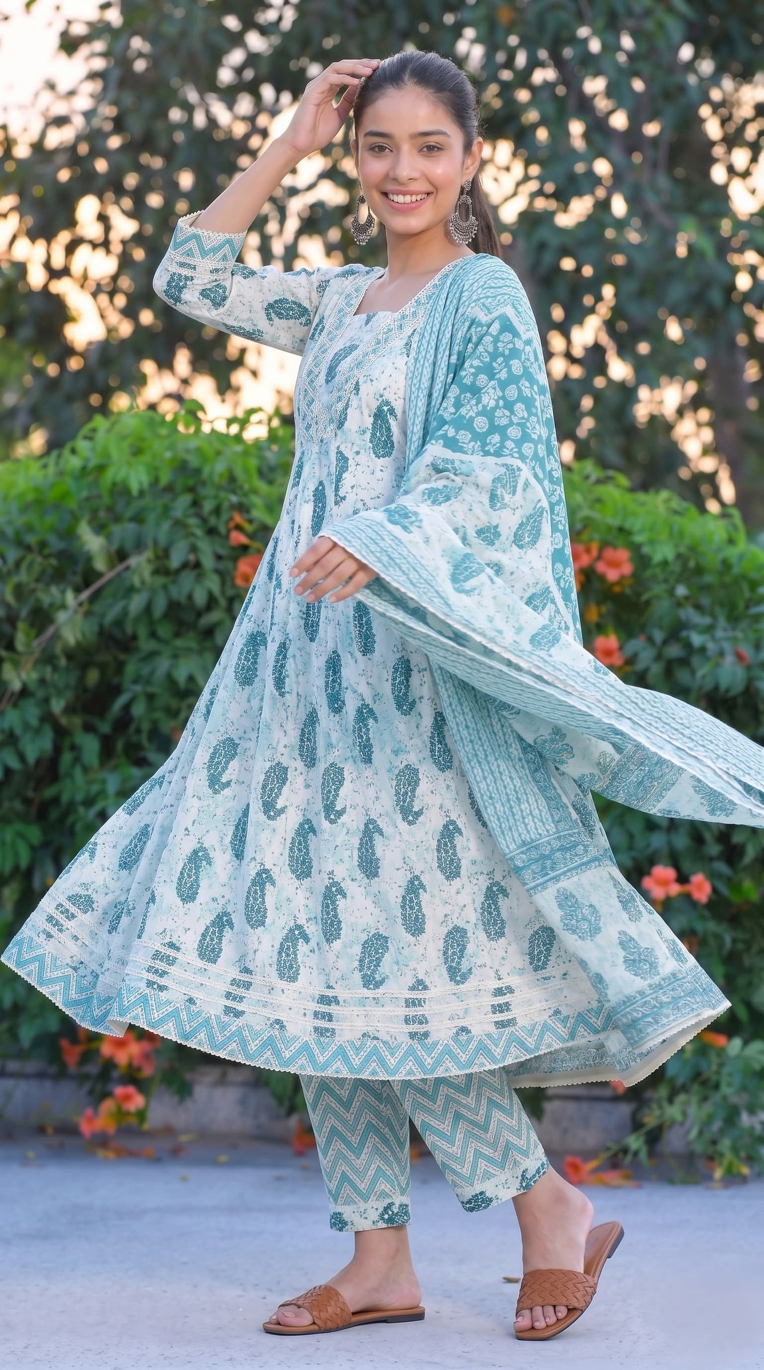 Aqua Blue Printed Anarkali Kurta Set with Dupatta