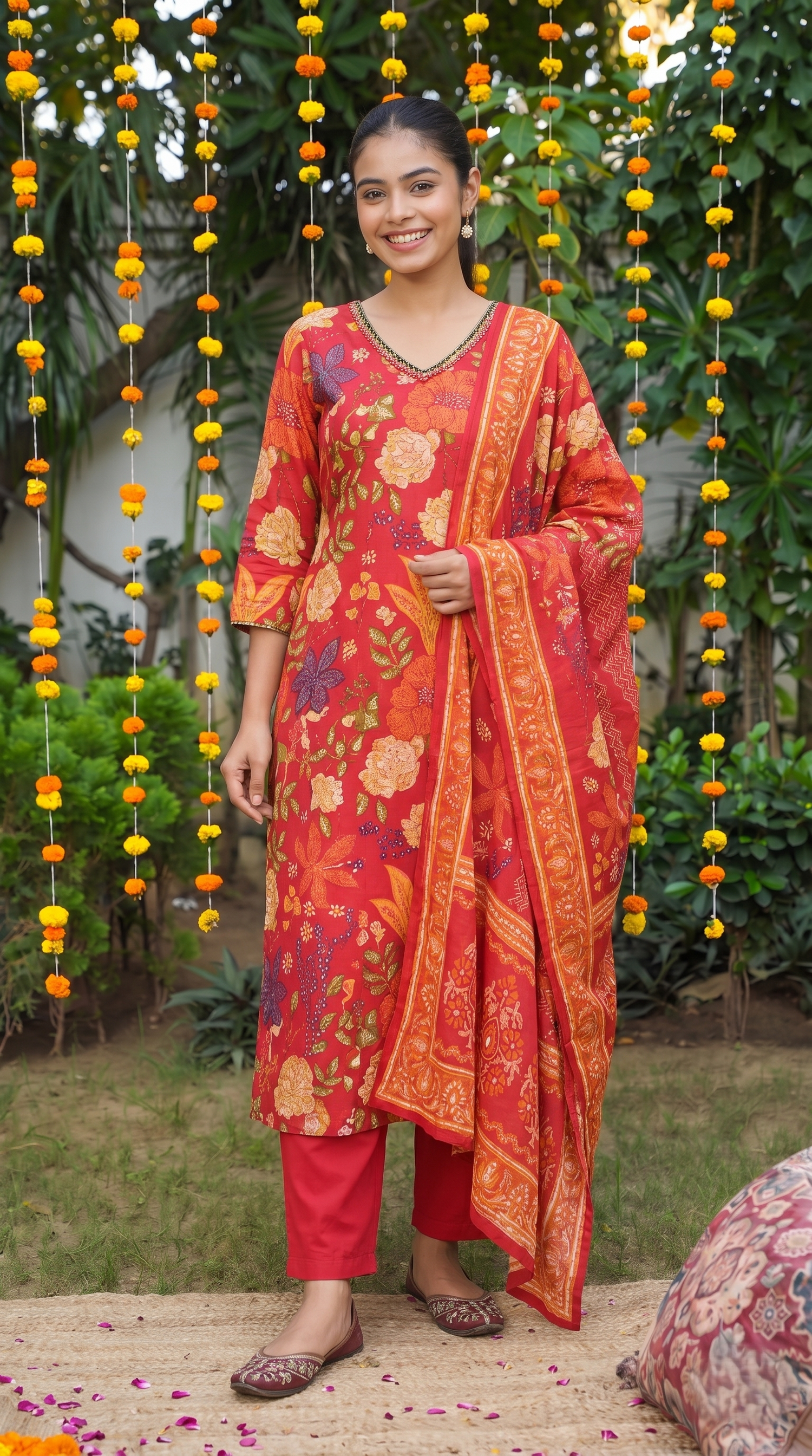 Vibrant Red Floral Printed Kurta Set with Dupatta