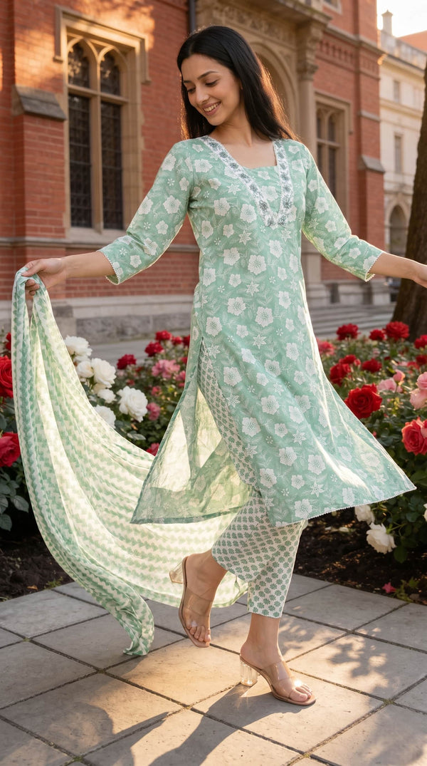 Mint Green Floral Printed Kurta Pant Set with Dupatta