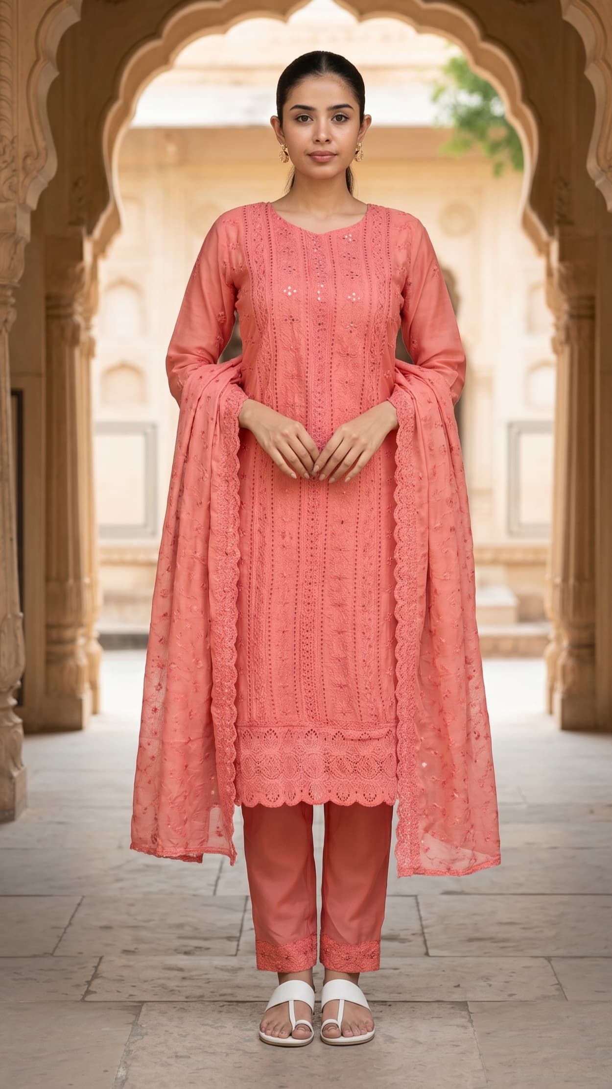 Coral Roman Silk Lucknowi Embroidered Kurta Set