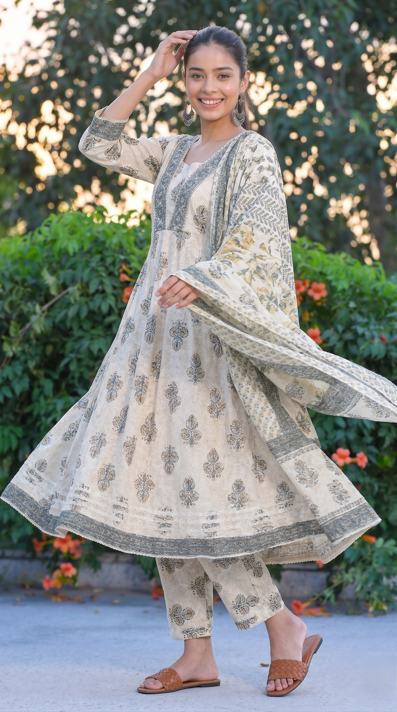Cream Floral Printed Anarkali Suit Set with Dupatta