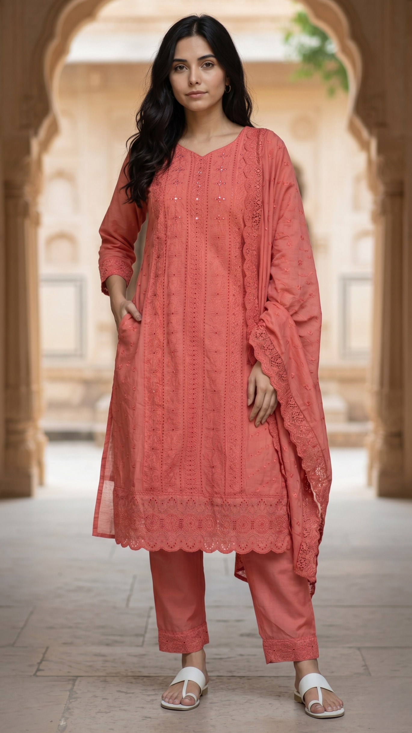 Coral Roman Silk Lucknowi Embroidered Kurta Set