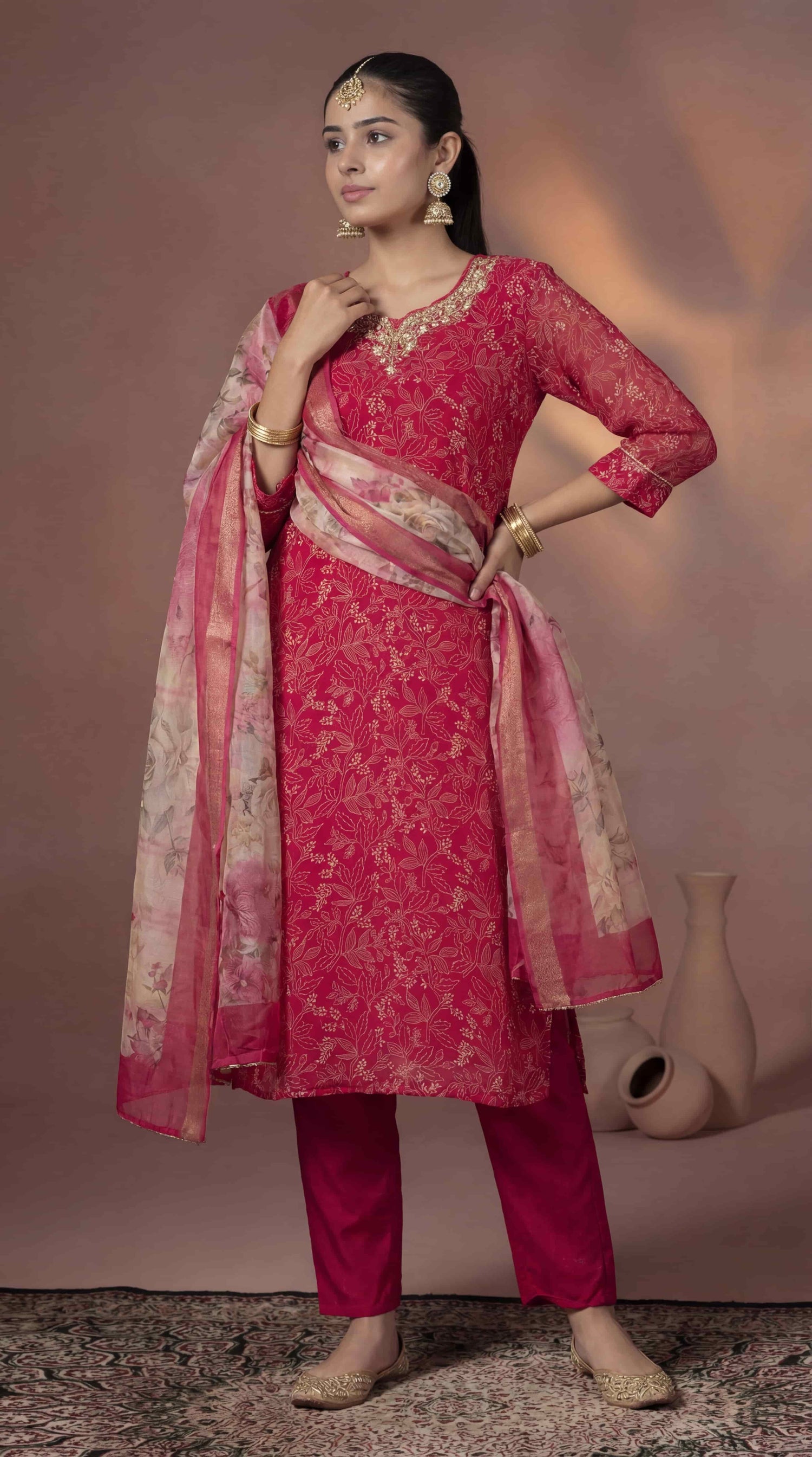 Pink with Gold Accents Kurta Set with Floral Dupatta