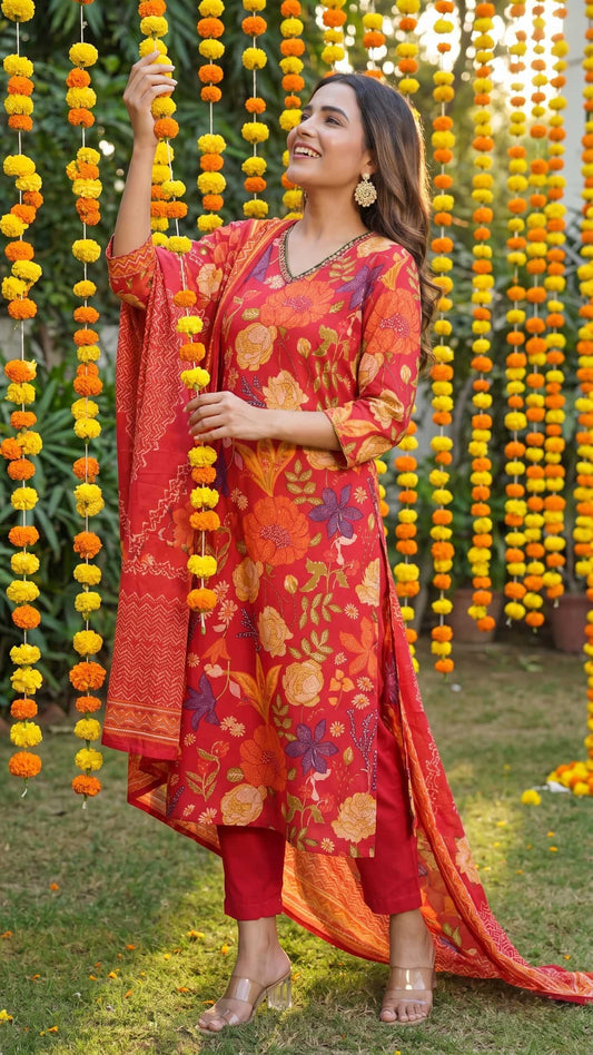 Vibrant Red Floral Printed Kurta Set with Dupatta