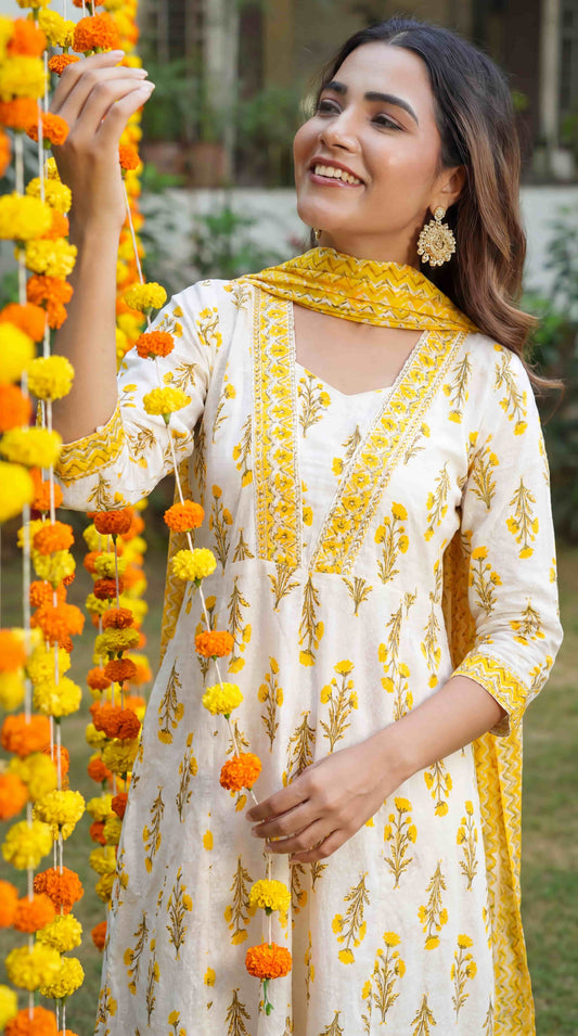 Sunshine Yellow Floral Anarkali Kurta Set with Dupatta