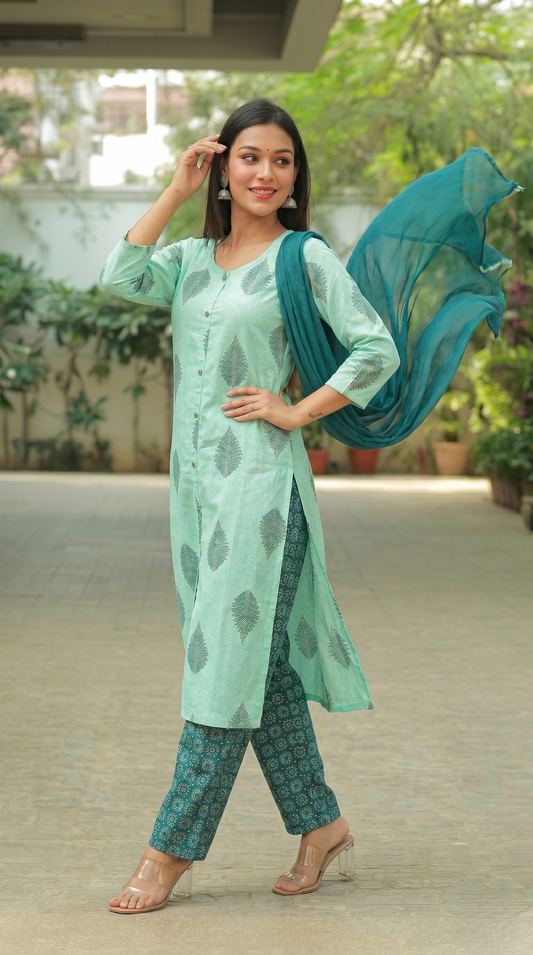 Mint Green Printed Kurta Set with Chiffon Dupatta