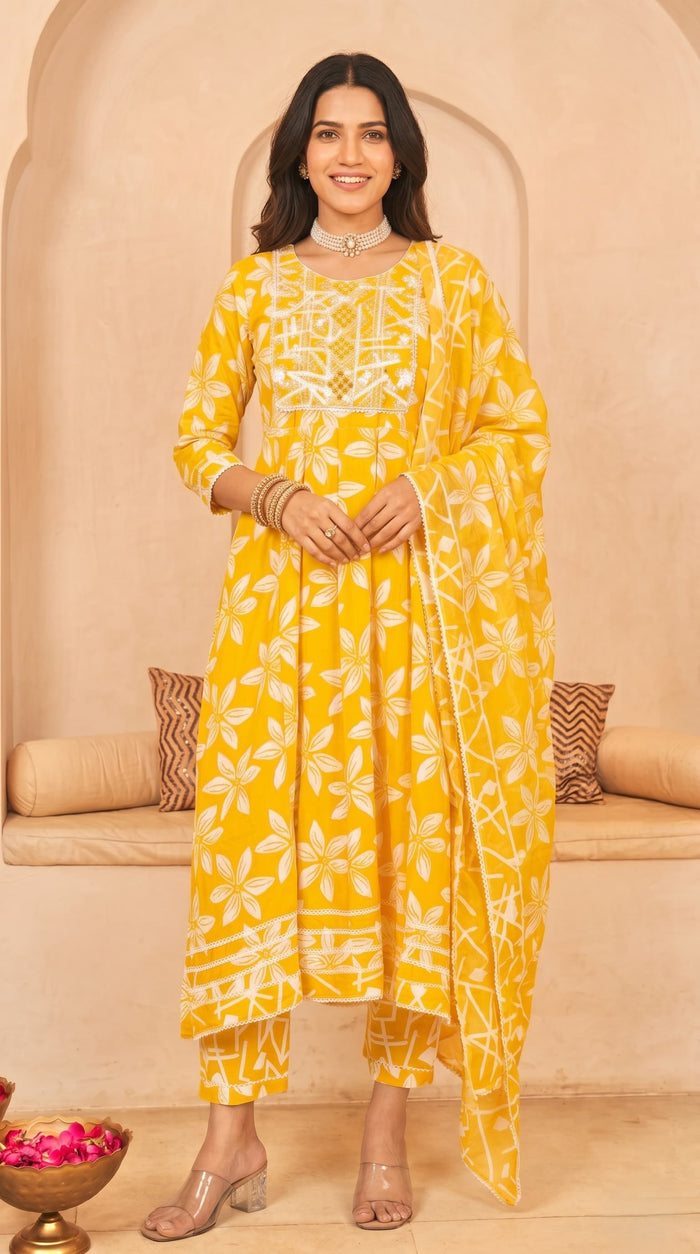 Bright Yellow Floral Printed Anarkali Suit Set with Dupatta