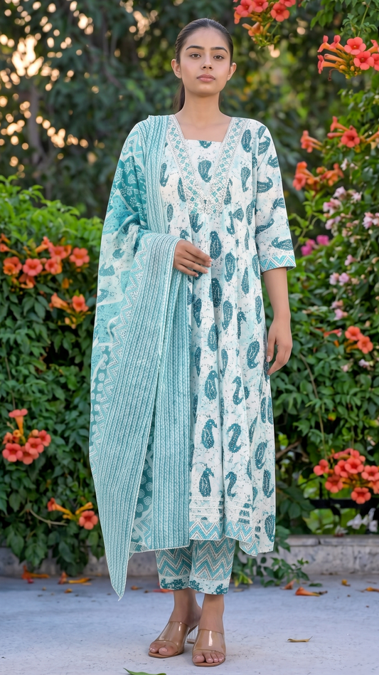 Aqua Blue Printed Anarkali Kurta Set with Dupatta