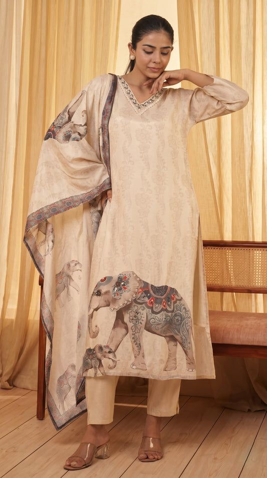 Elephant Print Kurta Set with Dupatta