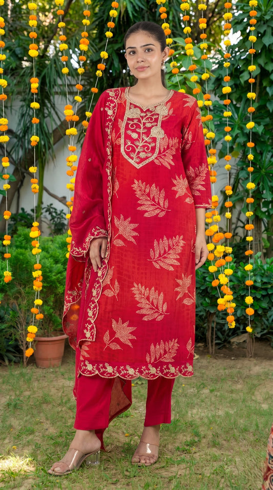 Red Zari Embroidered Kurta Set with Dupatta
