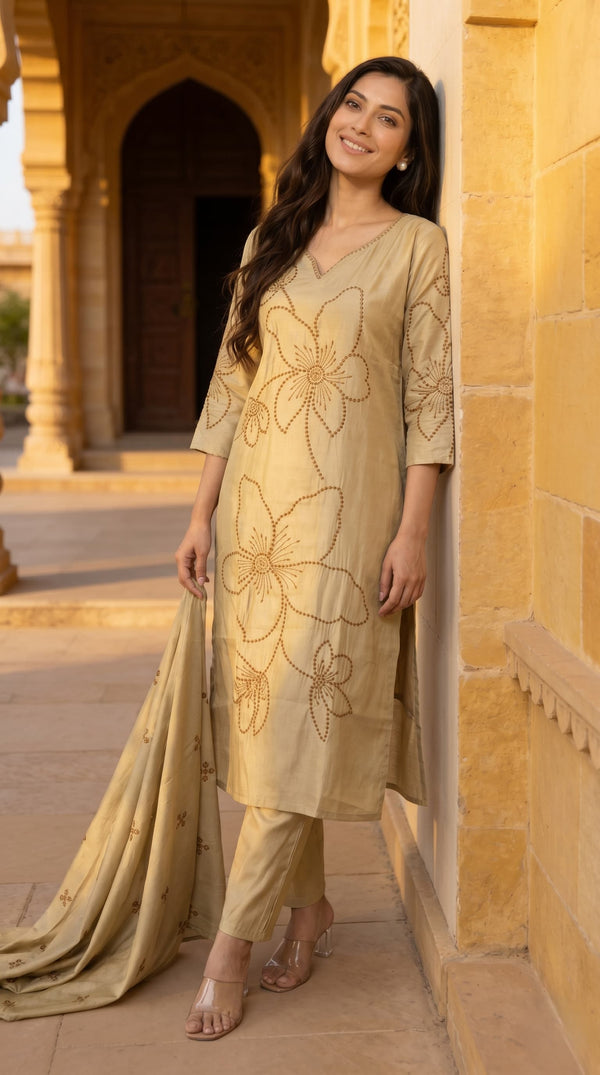 Mustard Beige Floral Kurta Set with Dupatta
