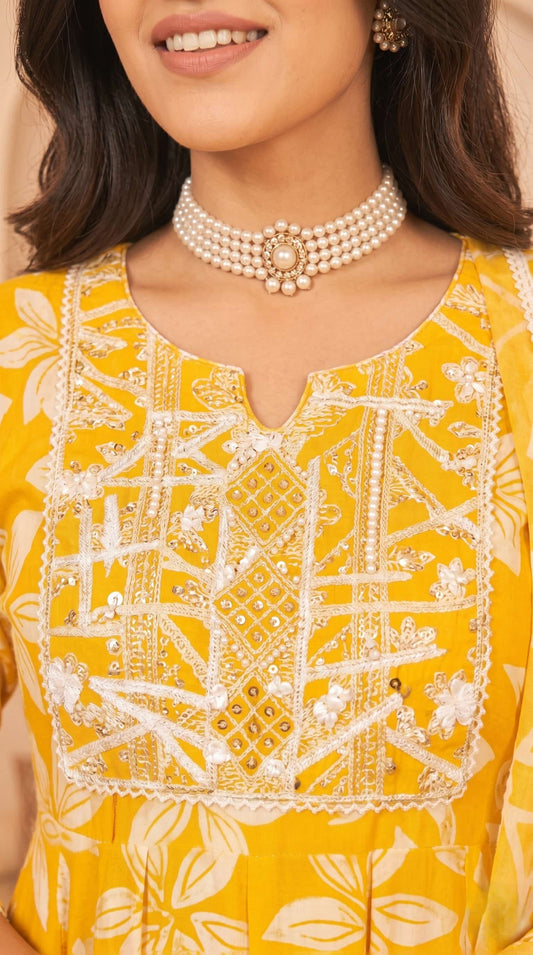 Bright Yellow Floral Printed Anarkali Suit Set with Dupatta