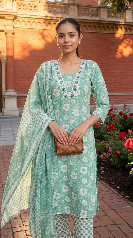 Mint Green Floral Printed Kurta Pant Set with Dupatta