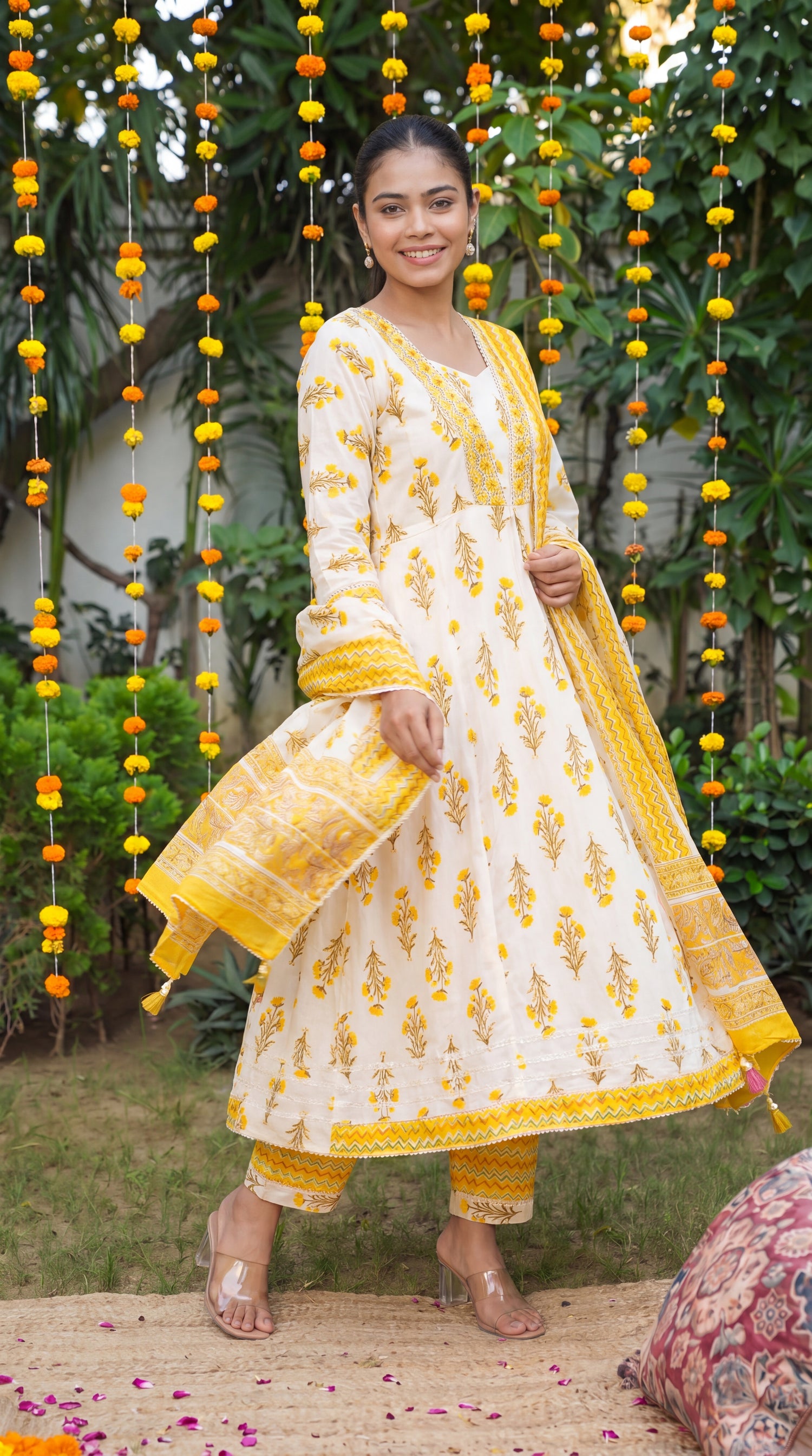 Sunshine Yellow Floral Anarkali Kurta Set with Dupatta