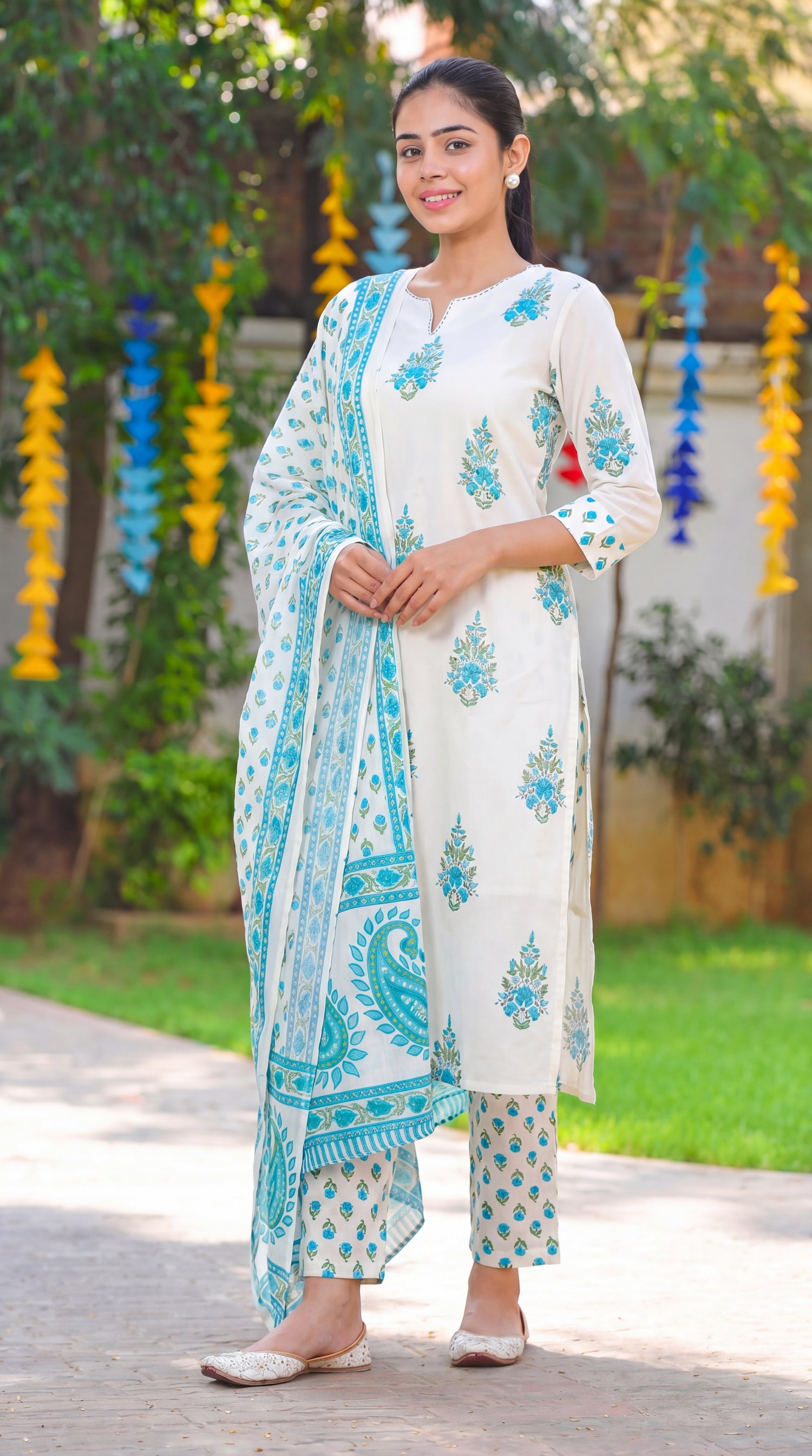 Floral Sky Blue Printed Kurta Set with Dupatta