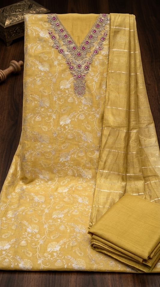 Mustard Yellow Embroidered Unstitched 4-Piece Suit Set