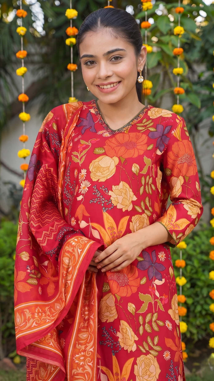 Vibrant Red Floral Printed Kurta Set with Dupatta