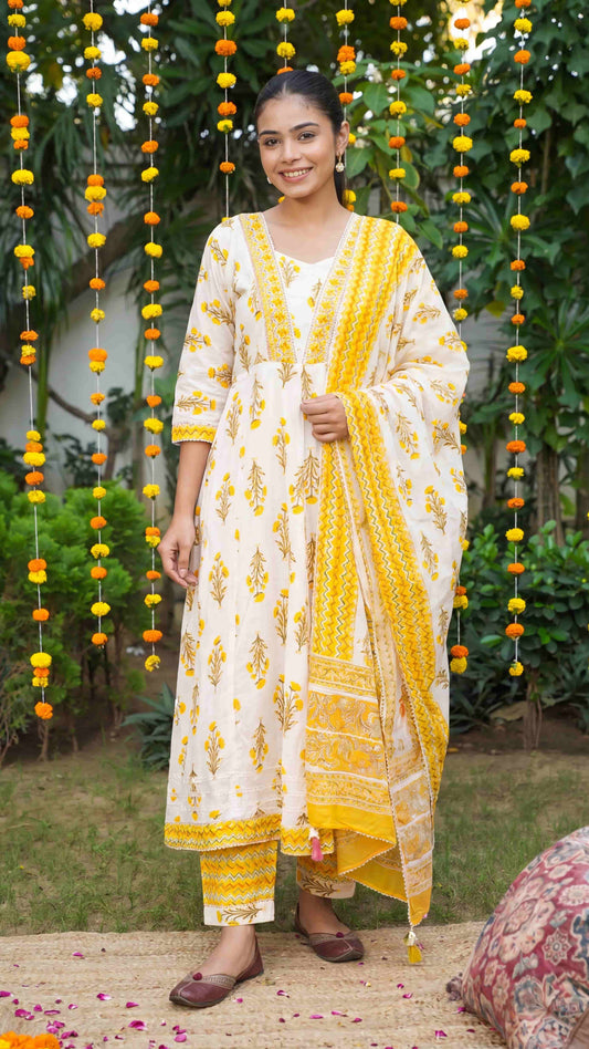 Sunshine Yellow Floral Anarkali Kurta Set with Dupatta