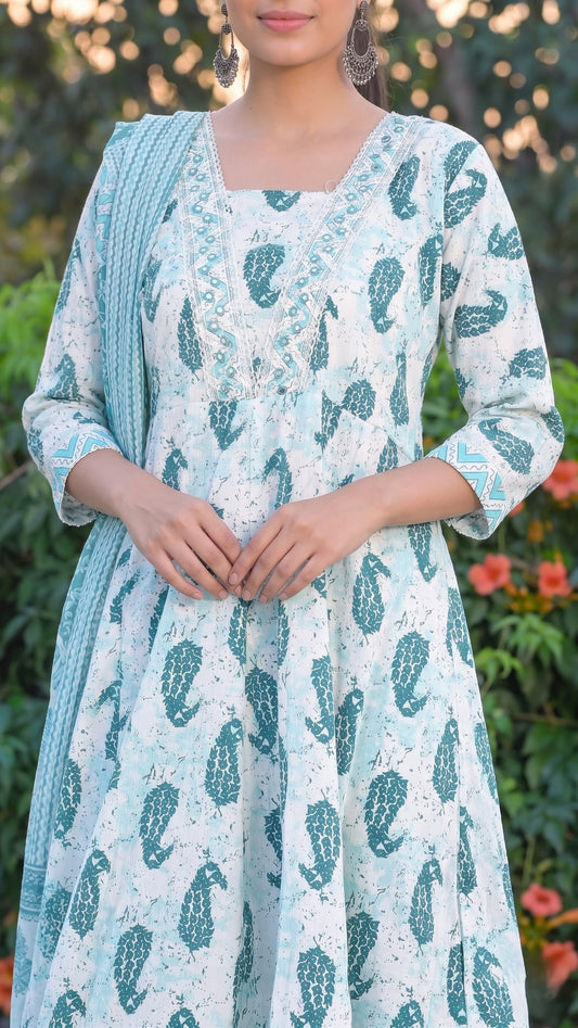 Aqua Blue Printed Anarkali Kurta Set with Dupatta